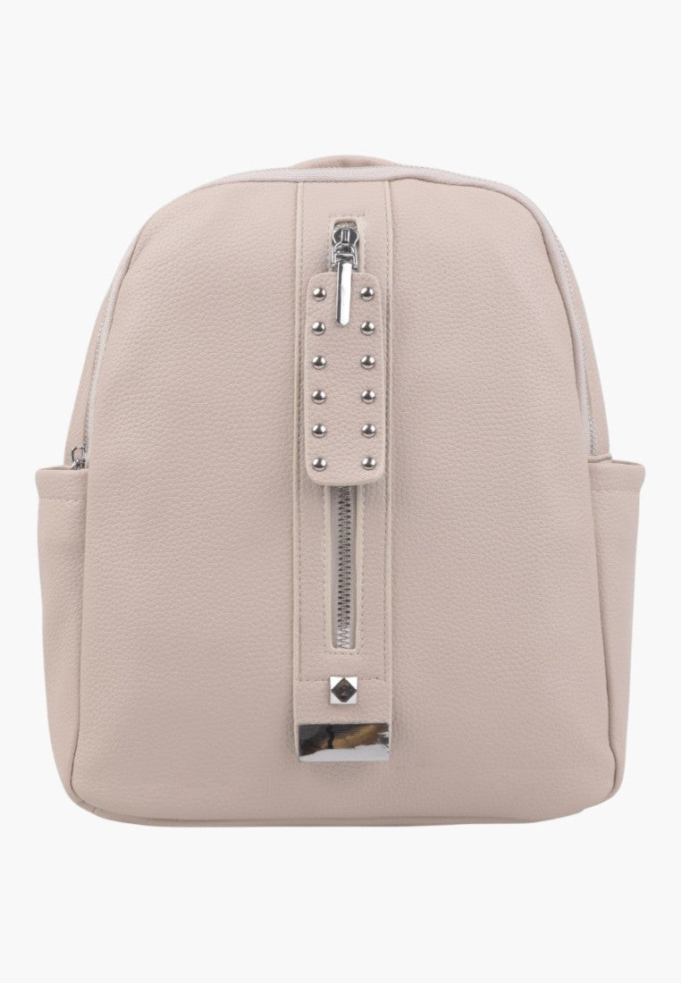 Falio beige faux leather urban backpack with a decorative front zipper and silver stud detailing