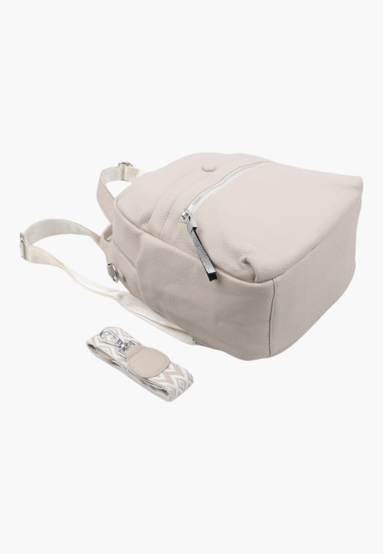 Falio beige faux leather urban backpack with a patterned detachable strap and multiple zippered compartments