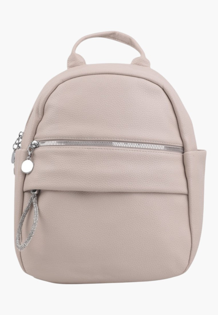 Falio women's urban backpack in beige faux leather with a front zip pocket and silver hardware details
