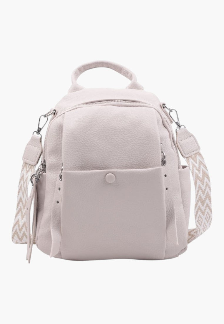 Falio beige faux leather urban backpack with patterned straps, multiple pockets, and a compact 8L capacity design.