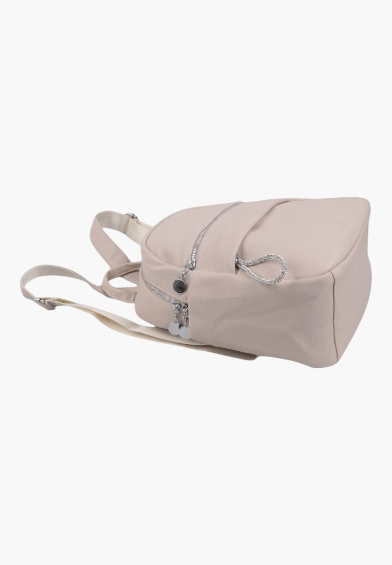Falio urban women's backpack in beige faux leather with silver zippers and adjustable straps, side view