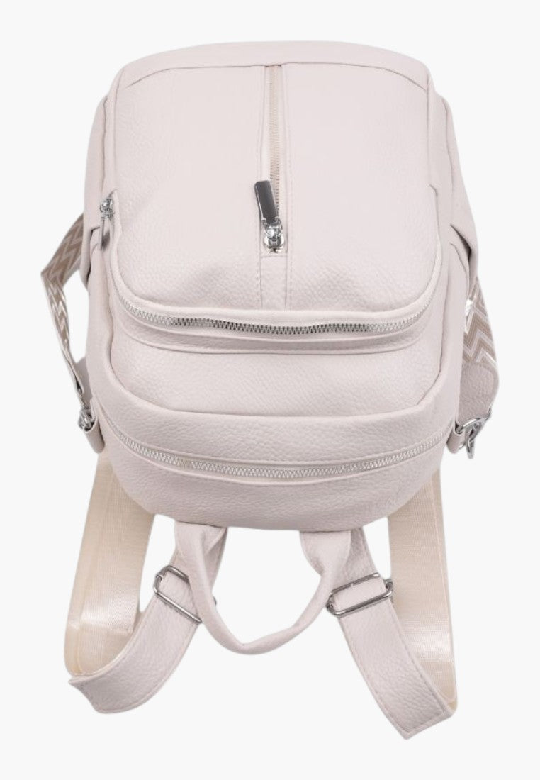 Falio beige faux leather urban backpack with multiple zippered compartments and patterned straps