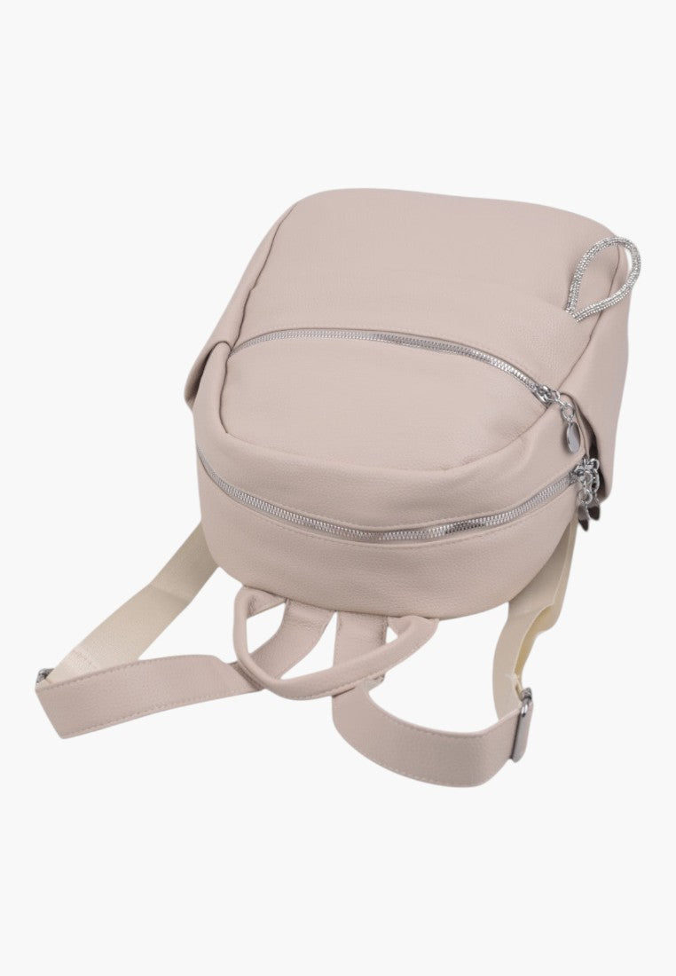 Falio urban women's backpack in beige faux leather with silver zippers and adjustable straps