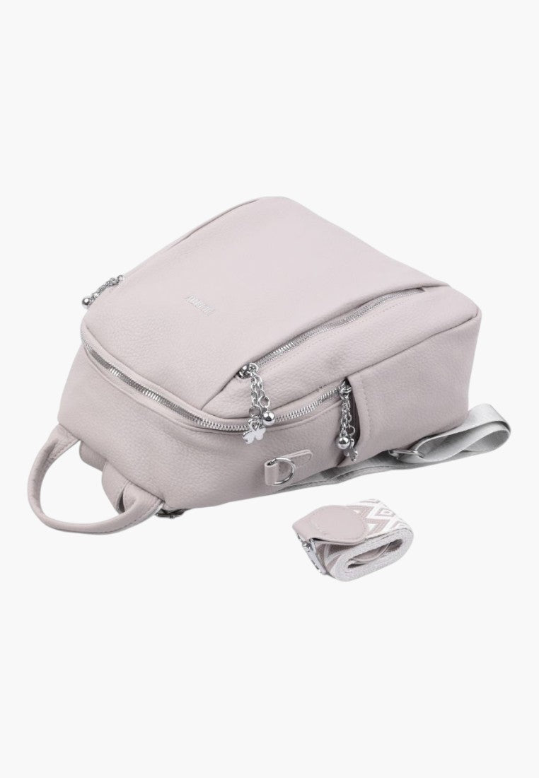 Falio urban women's backpack in light beige faux leather with multiple zippered pockets and A4 capacity