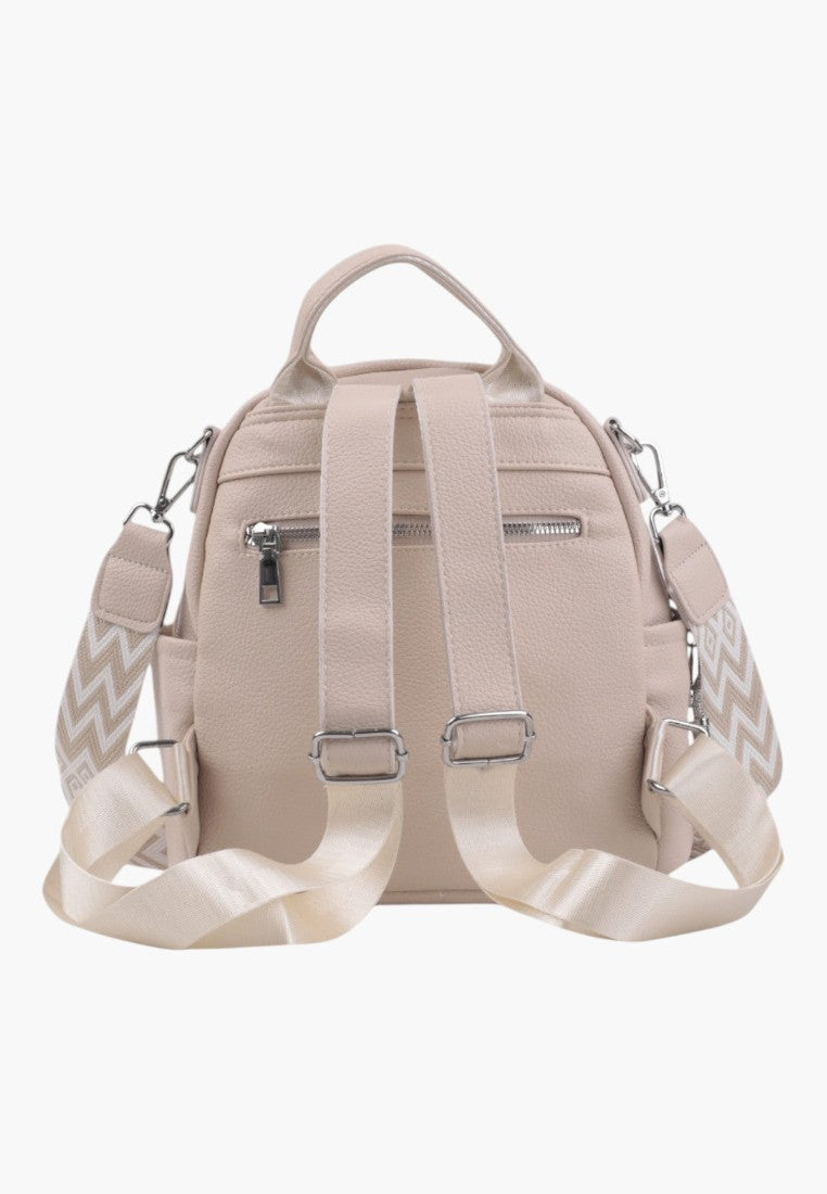 Falio beige faux leather small urban backpack with patterned straps and silver hardware, back view