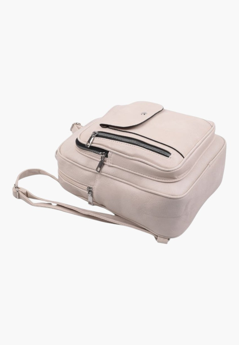Falio beige faux leather urban backpack with multiple zippered pockets and adjustable straps for daily use
