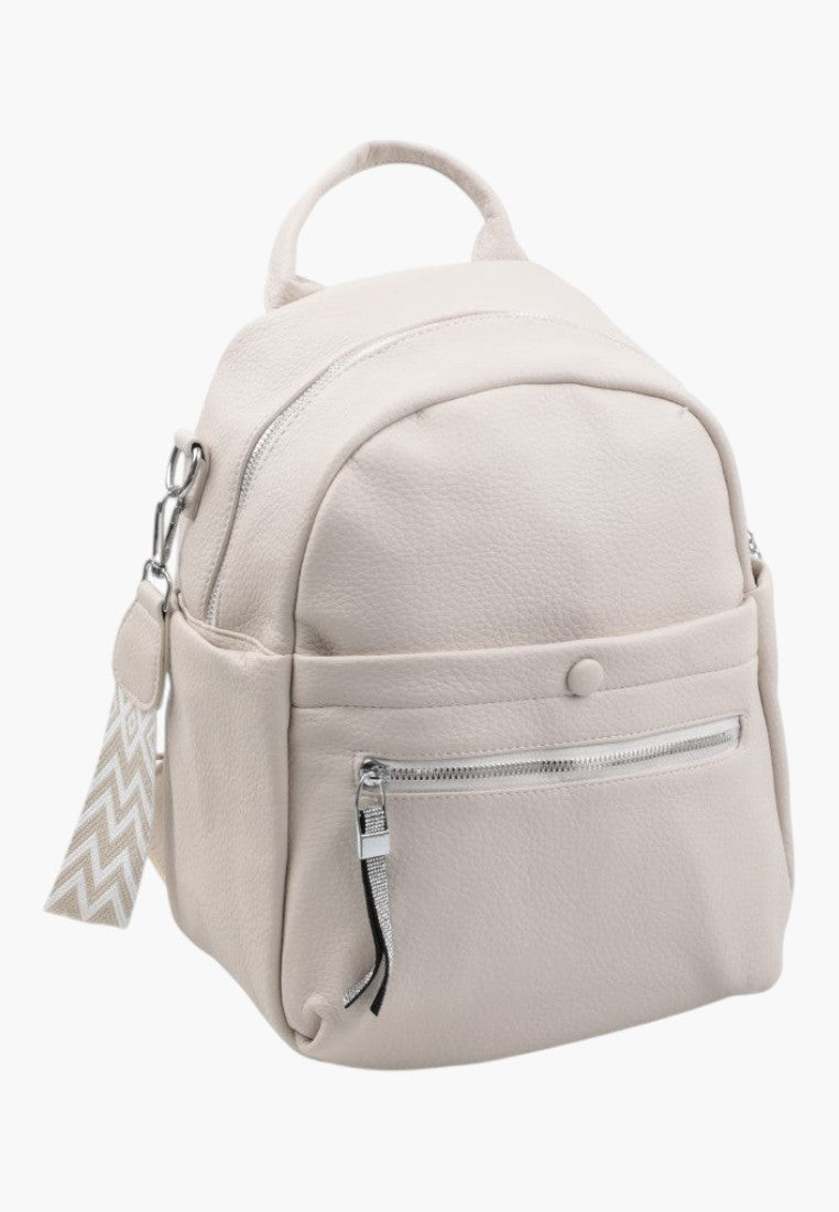 Falio beige faux leather urban backpack with a front zippered pocket and decorative chevron patterned strap