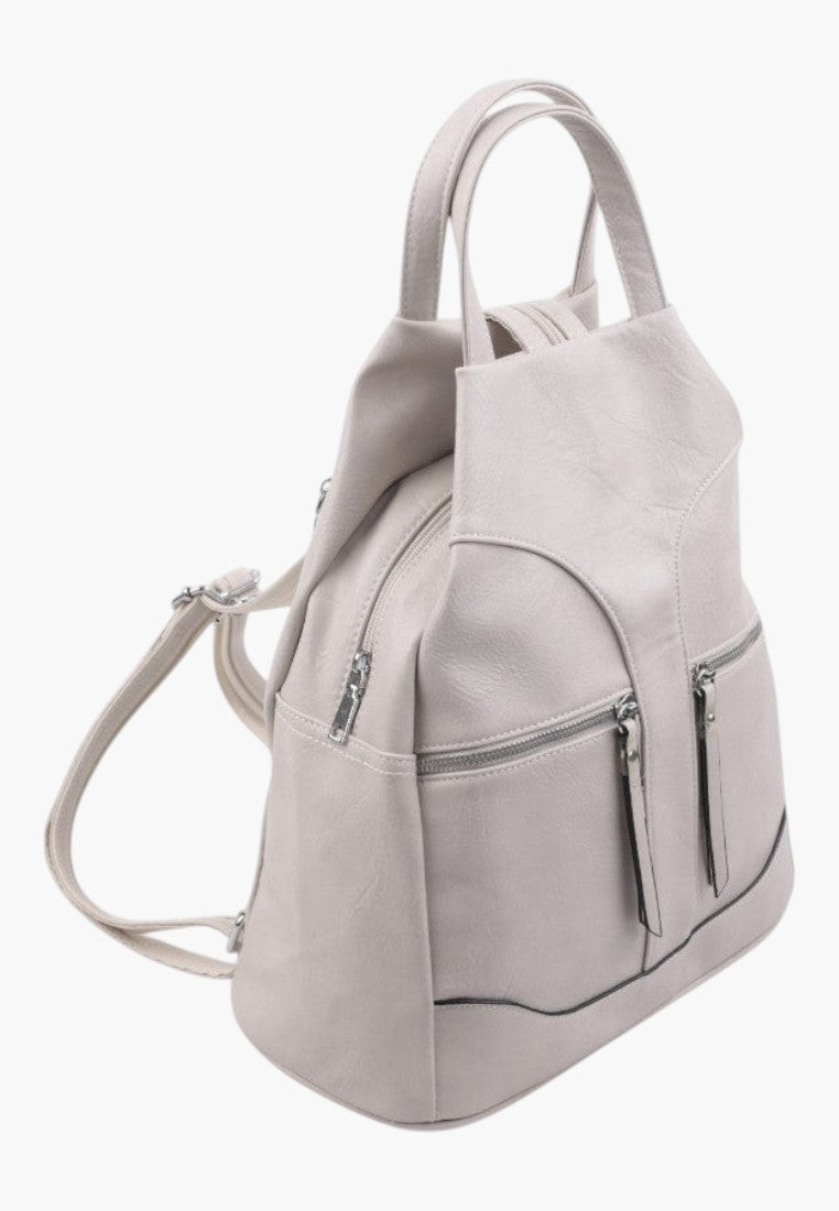 Falio beige faux leather urban backpack with multiple zippered compartments and adjustable straps