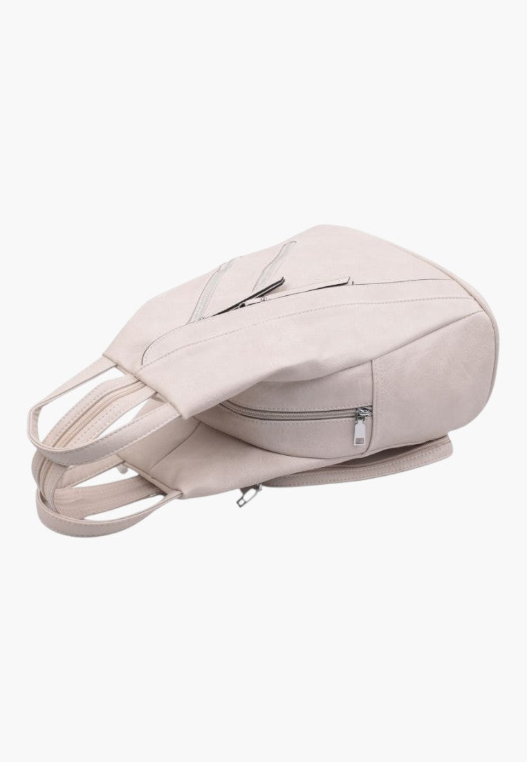 Falio beige faux leather urban backpack with multiple zippered compartments and A4 capacity
