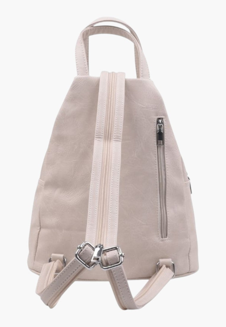 Falio beige faux leather urban backpack with a zippered back pocket and adjustable straps for women