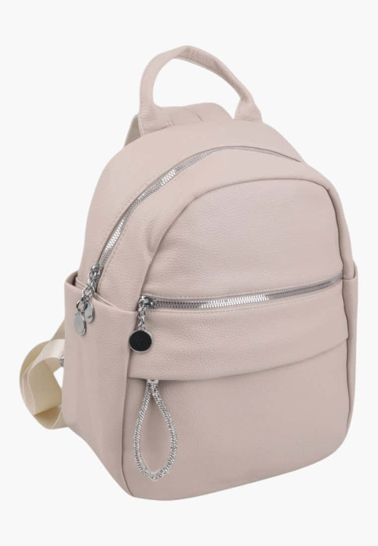 Falio urban women's backpack in beige faux leather with silver zippers and multiple pockets
