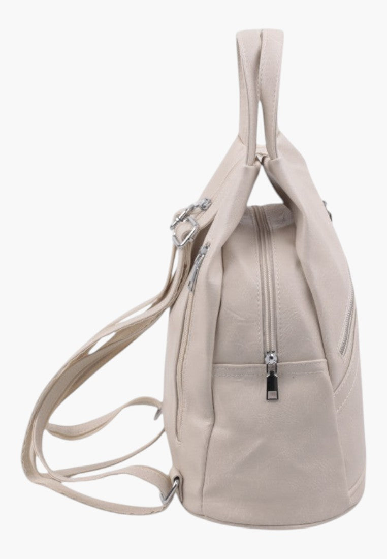 Falio beige faux leather urban backpack with side view, featuring multiple zippered pockets and top handle