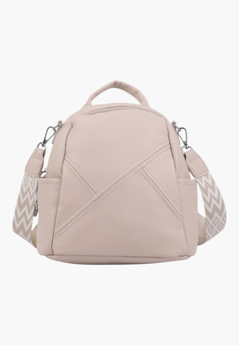 Falio beige faux leather urban backpack with decorative patterned straps and minimalist design