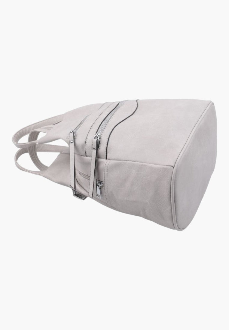 Falio beige faux leather urban backpack with multiple zippered pockets and spacious interior for A4 documents