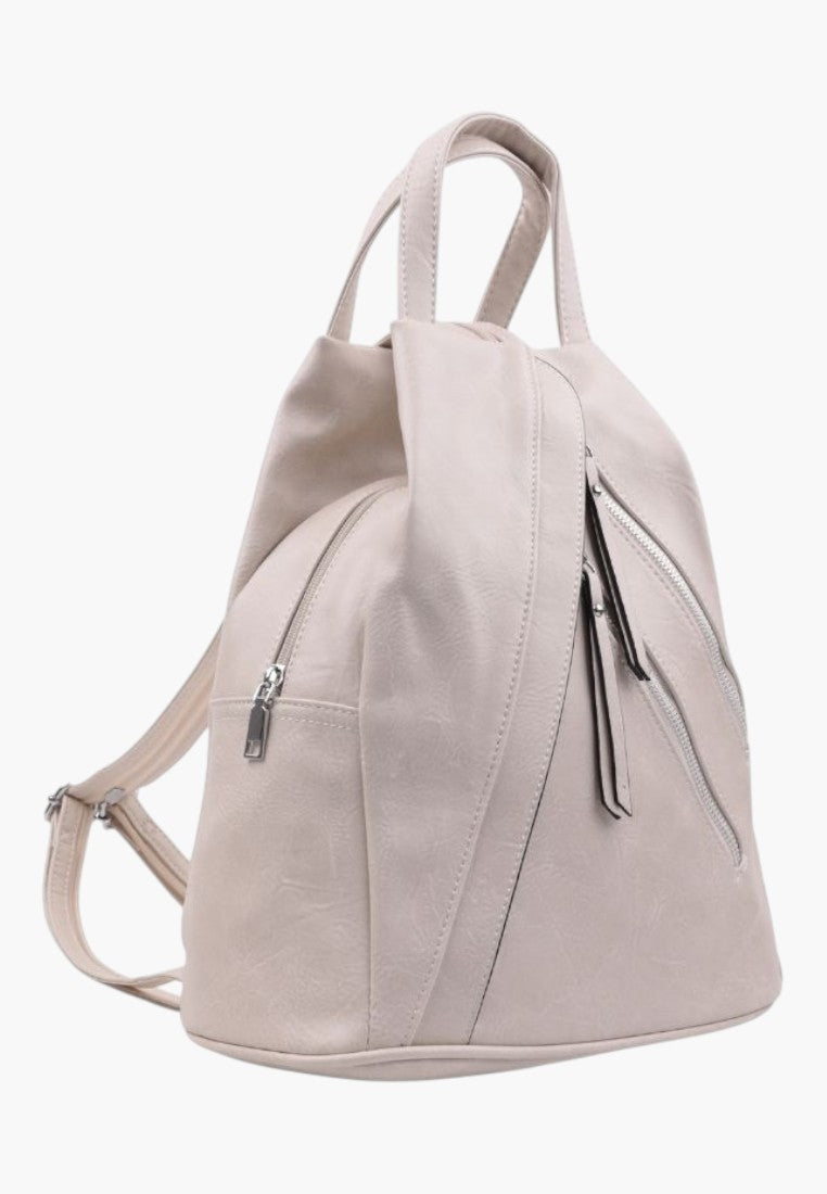 Falio beige faux leather urban backpack with multiple zippered compartments and a spacious A4 design.