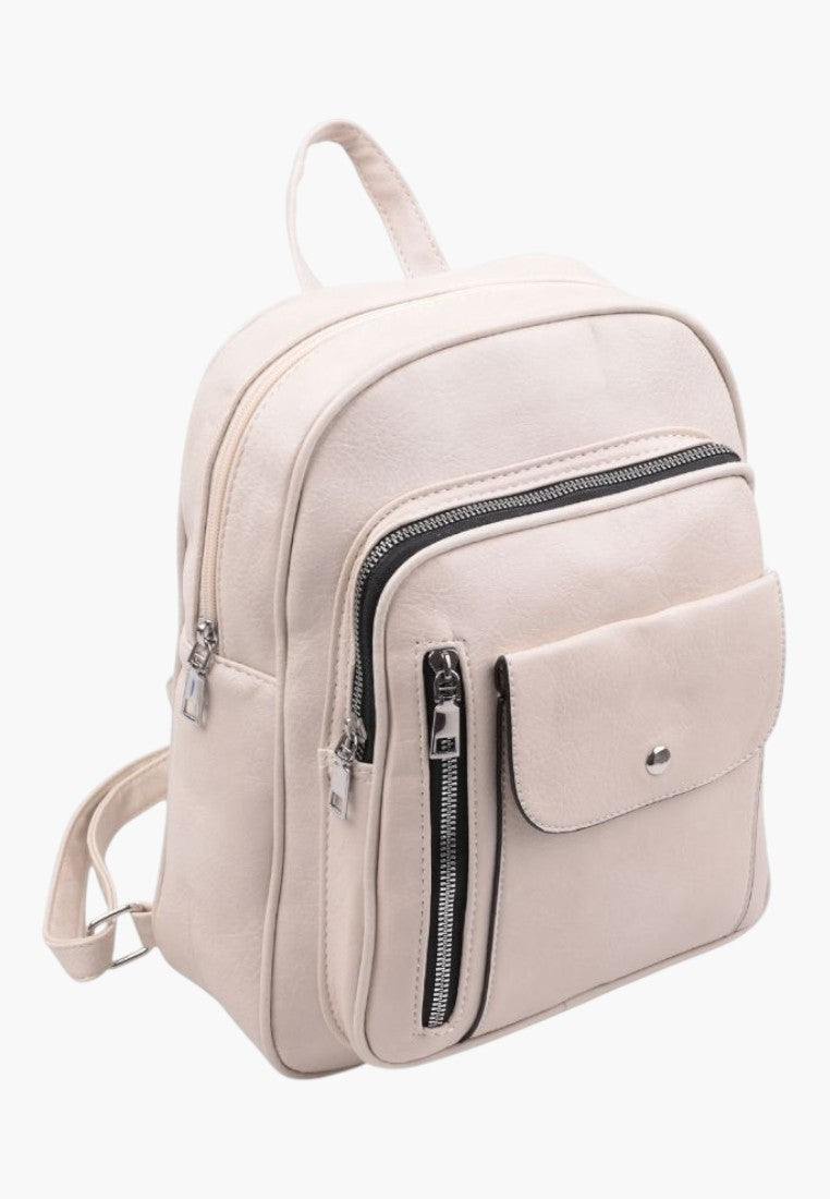 Falio beige faux leather urban backpack with multiple zippered pockets and A4 capacity for daily use