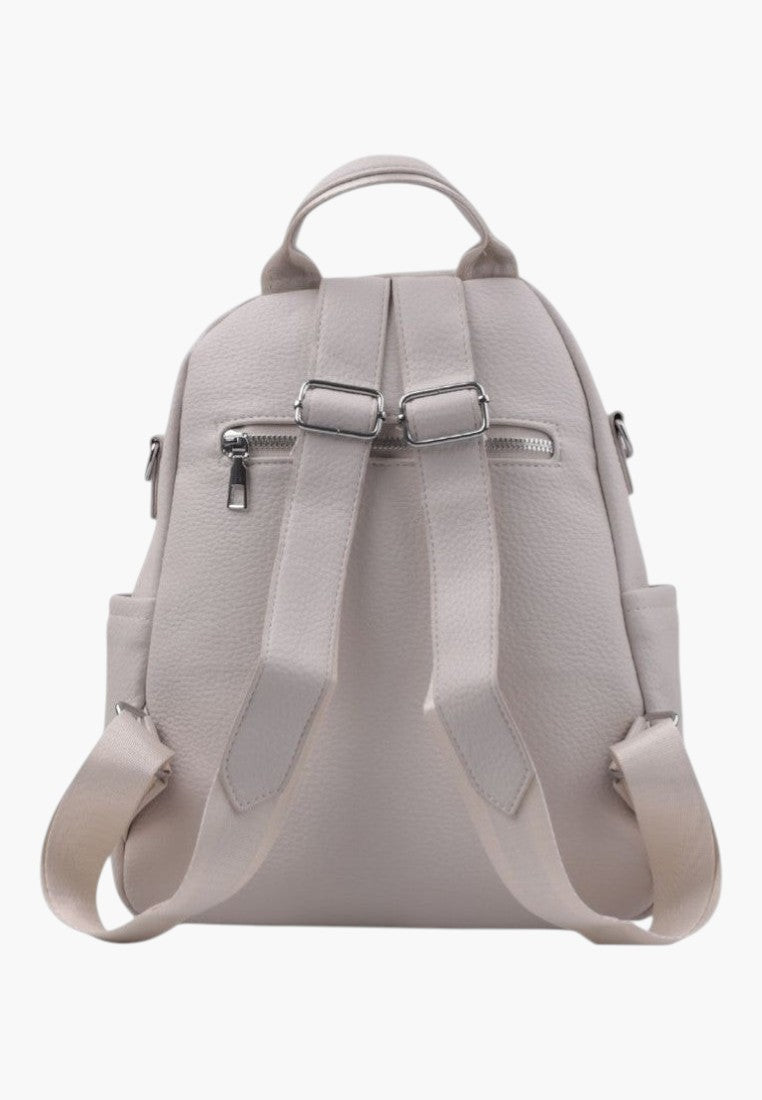 Falio beige faux leather urban backpack with adjustable straps and back zipper pocket, A4 size capacity.