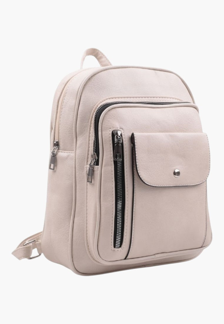 Falio beige faux leather urban backpack with multiple zippered pockets and A4 capacity for daily use.