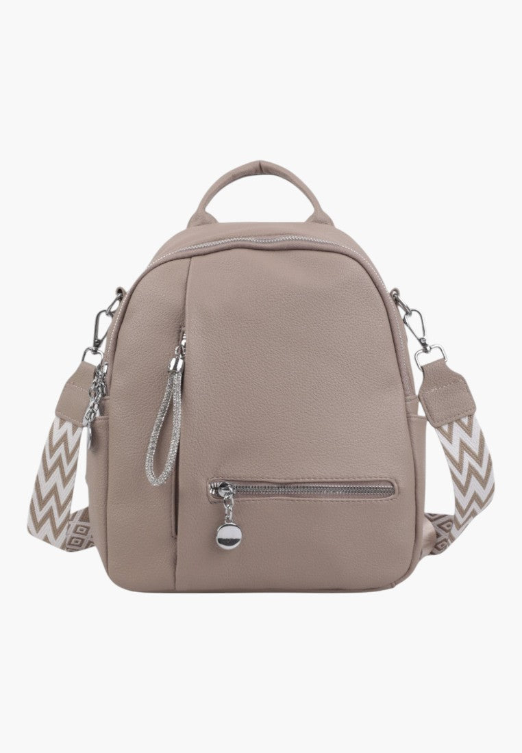 Falio beige faux leather urban backpack with patterned straps and silver zipper details