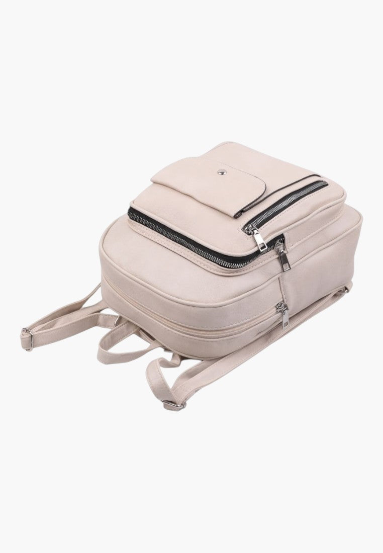 Falio beige faux leather urban backpack with multiple zippered pockets and A4 capacity for daily use