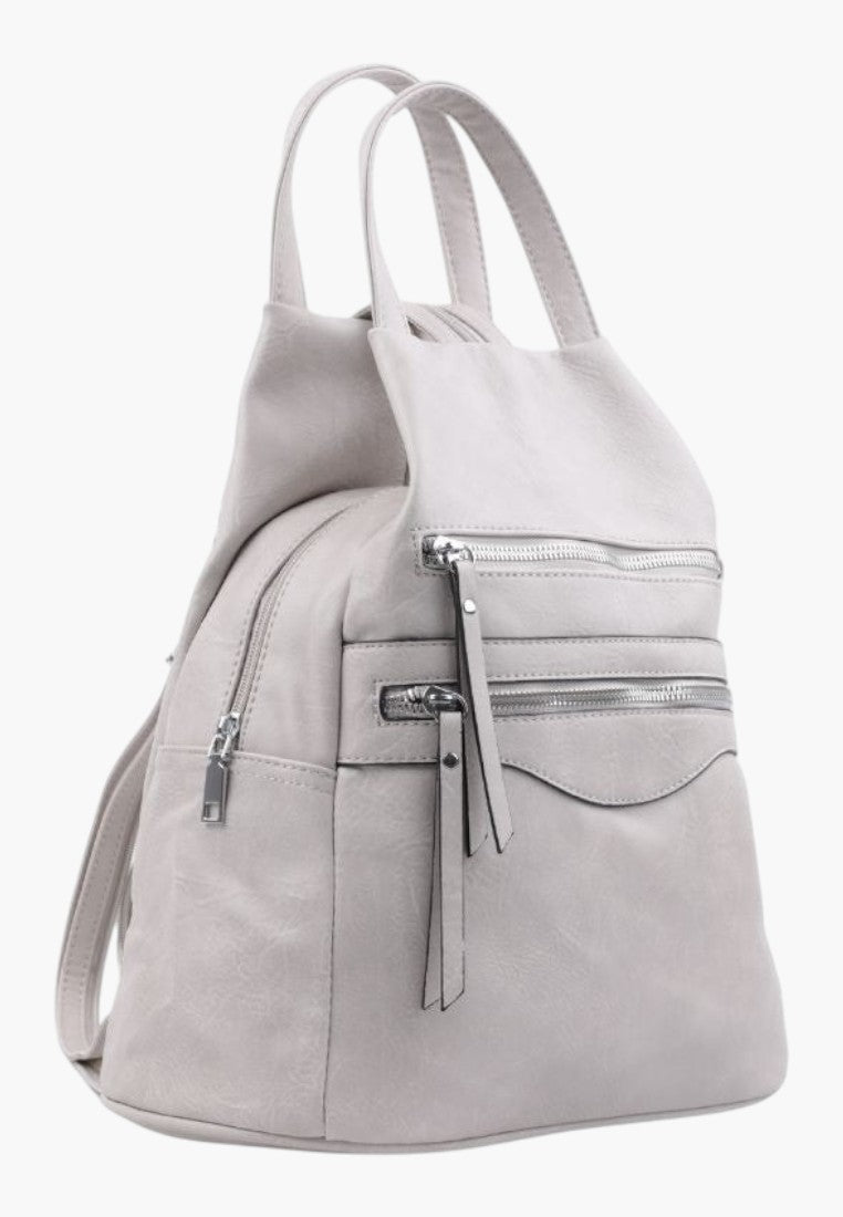 Falio beige faux leather urban backpack with multiple zippered pockets and top handles for versatile carrying