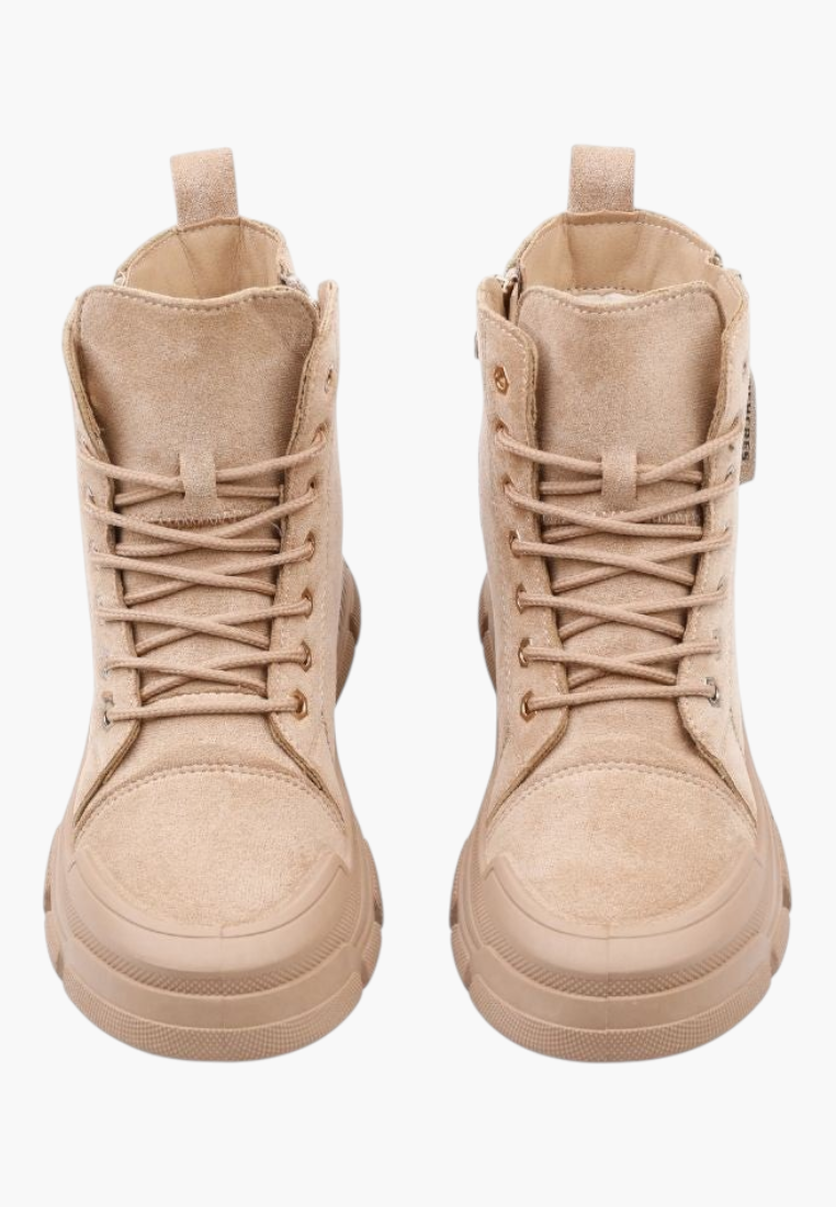 Falio beige faux suede lace-up ankle boots with thick flat tread soles and side zipper closure