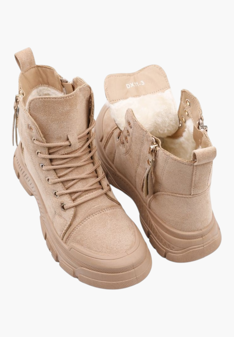 Falio beige faux suede lace-up ankle boots with thick lug soles and warm faux fur lining