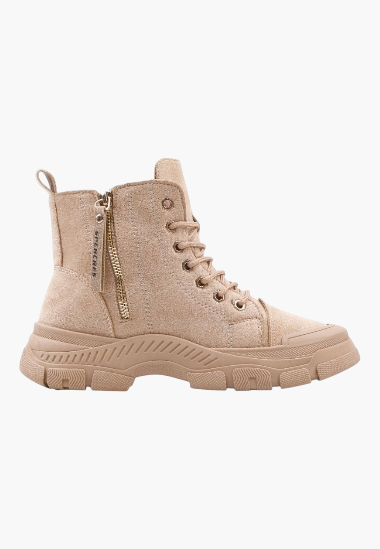 Falio beige faux suede lace-up ankle boots with a thick flat lug sole and side zipper closure