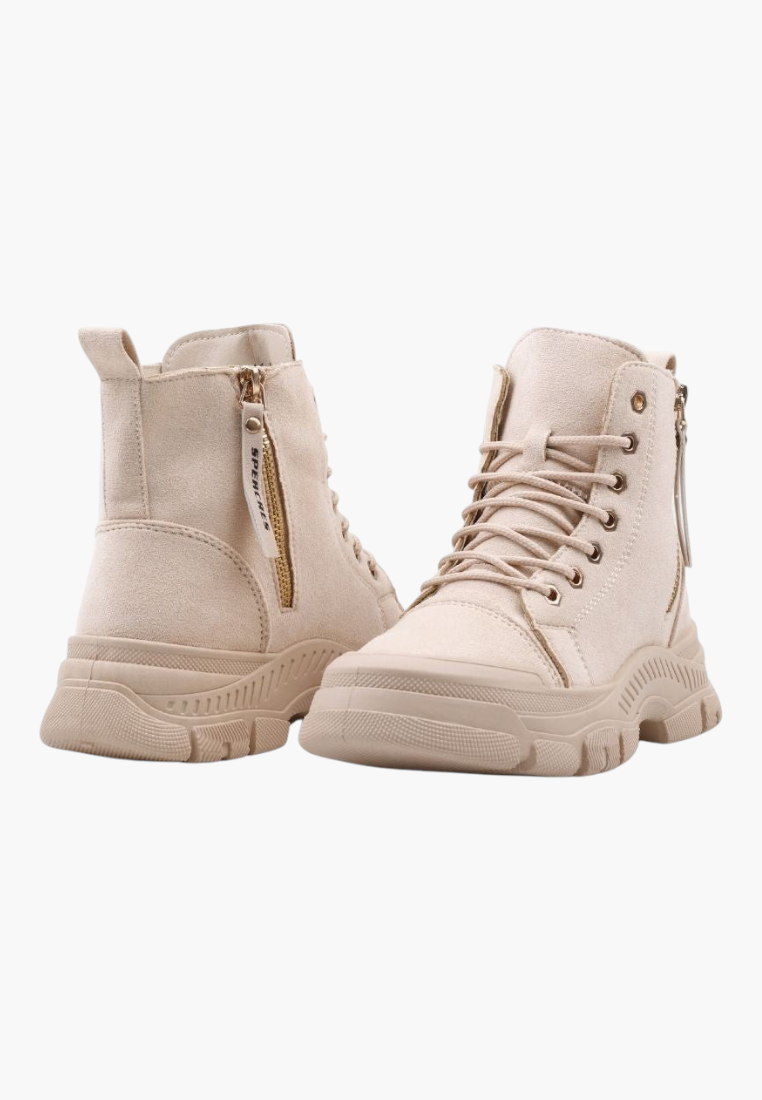 Falio beige faux suede lace-up ankle boots with thick lug soles and side zipper closure