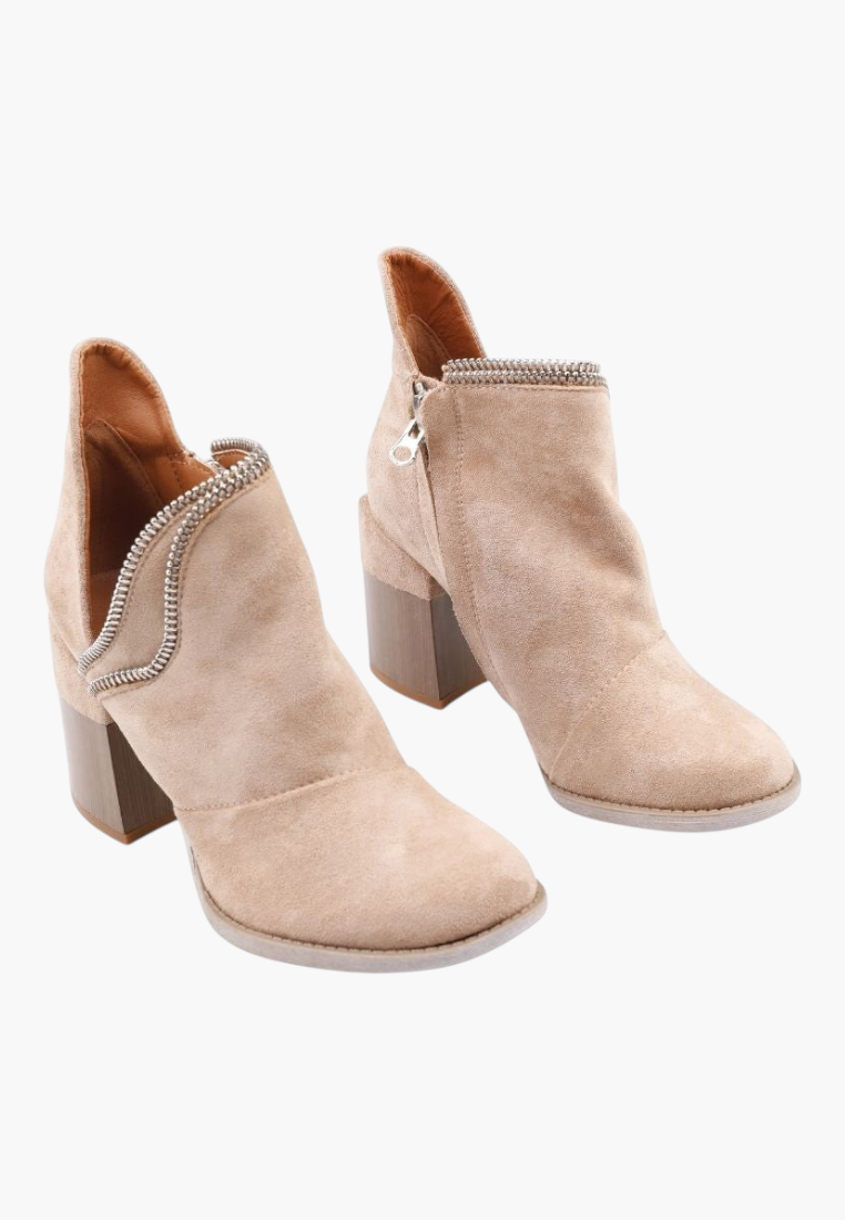 Falio beige faux suede ankle boots with a wooden-style block heel and side cutout detail for a boho look.