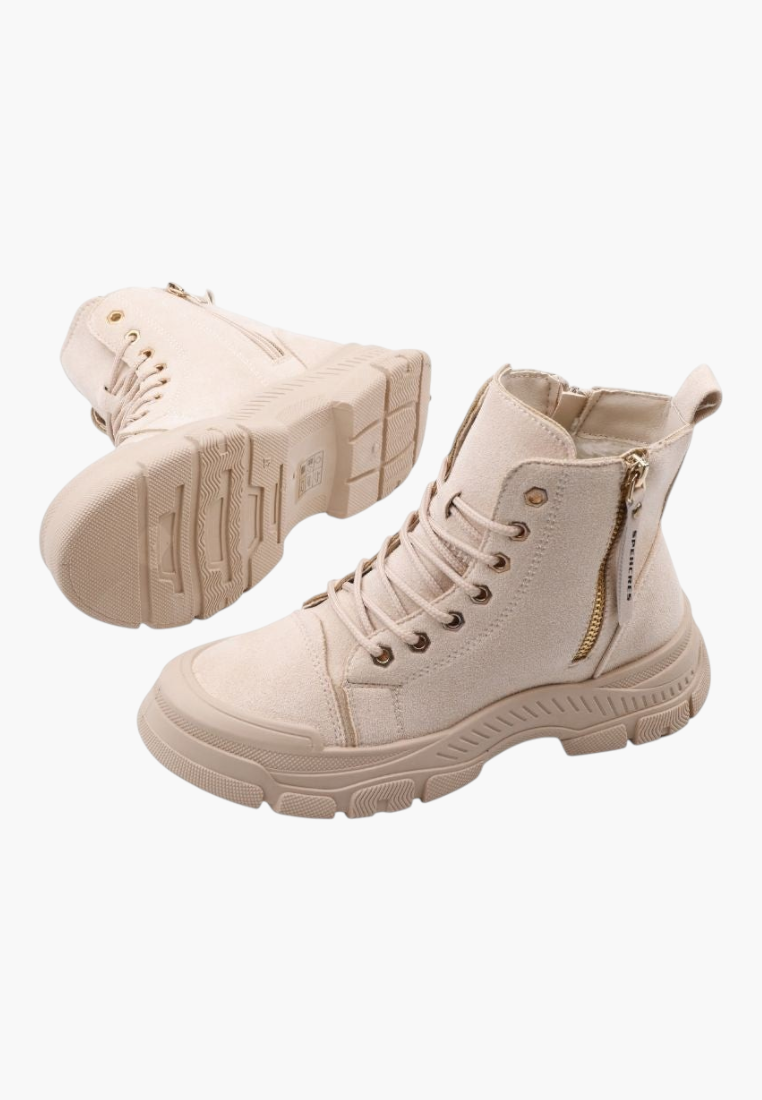 Falio beige faux suede lace-up ankle boots with thick lug soles, side zippers, and warm lining for winter wear.