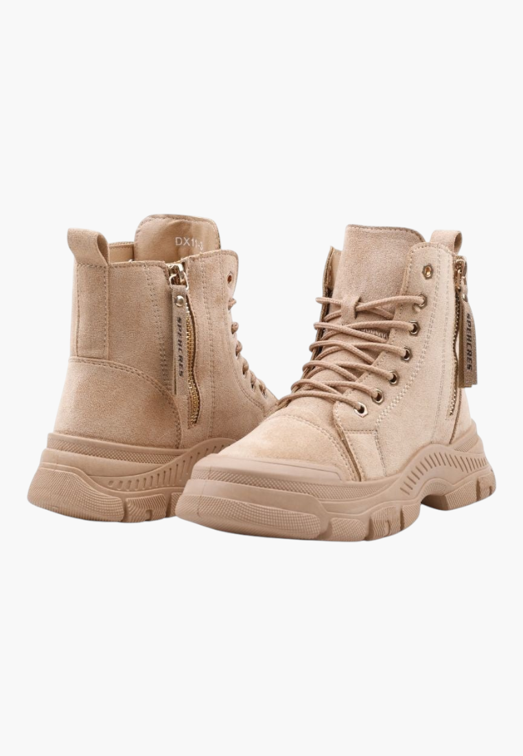 Falio beige faux suede lace-up ankle boots with thick lug soles and side zipper closure
