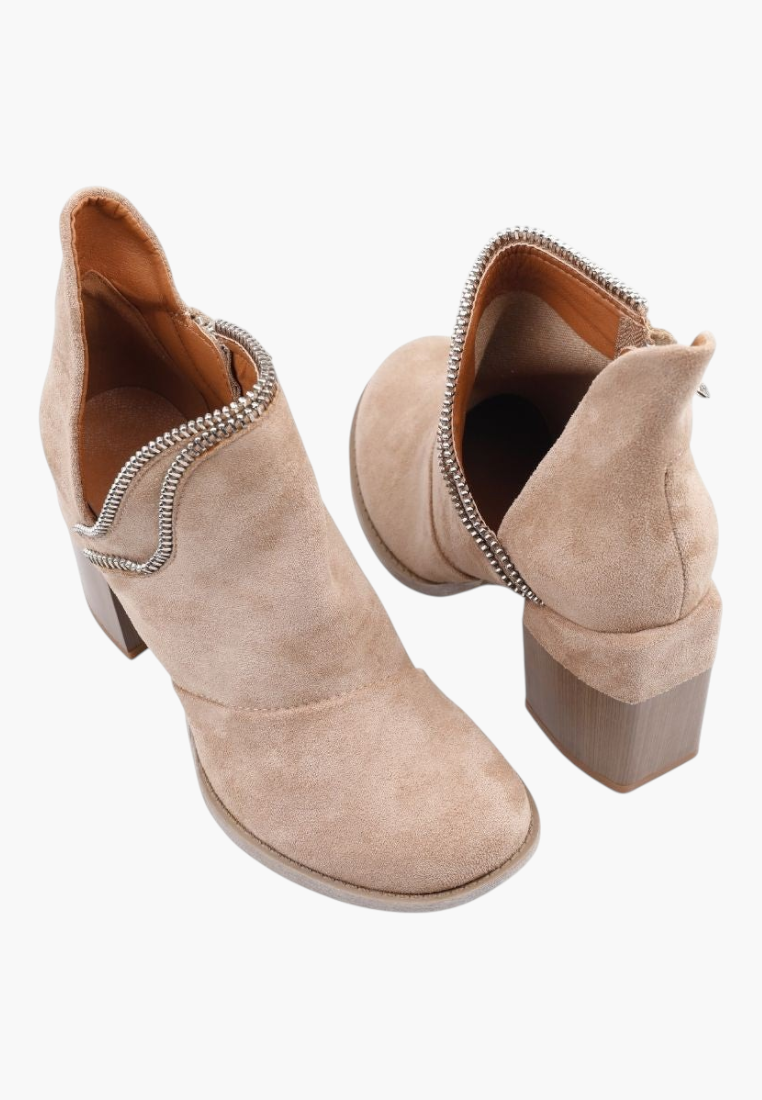Falio beige faux suede ankle boots with side cutouts and wooden-look block heels for a boho style
