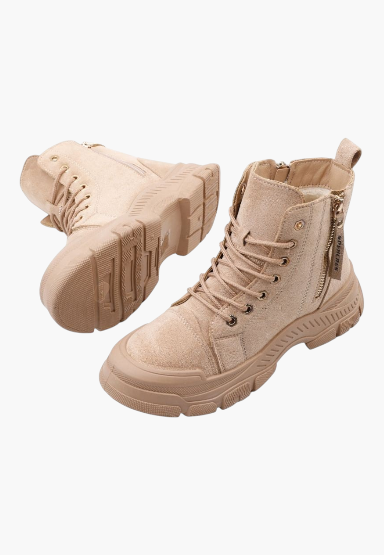 Falio beige faux suede lace-up ankle boots with thick lug soles, side zippers, and warm lining