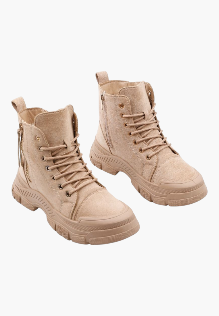 Falio beige faux suede lace-up ankle boots with thick lug soles and side zipper closure