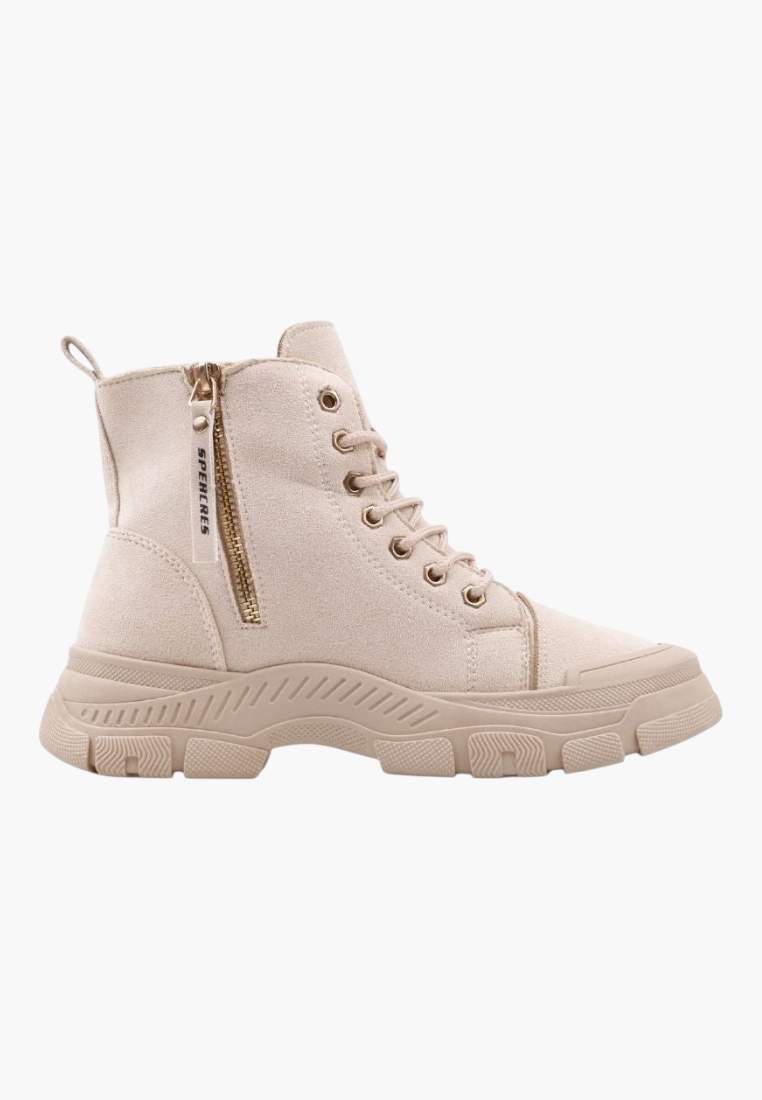 Falio beige faux suede ankle boots with thick lug soles, side zipper, and lace-up closure for women.