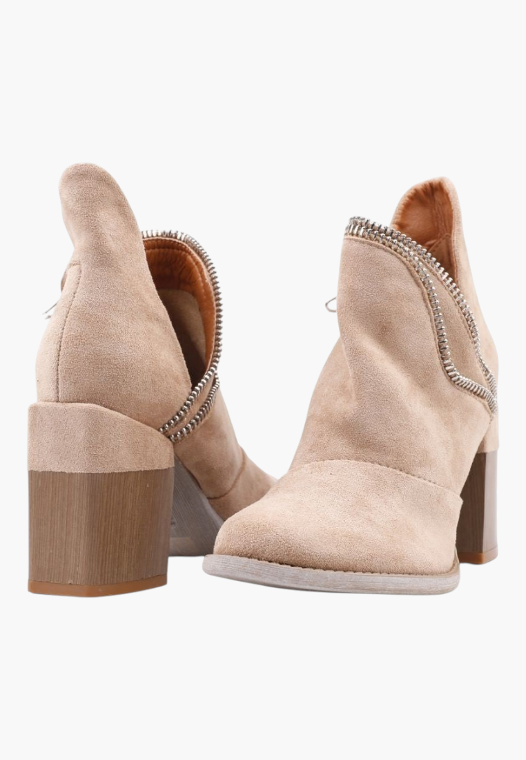 Falio beige faux suede ankle boots with a wooden-look block heel and decorative side zipper detail