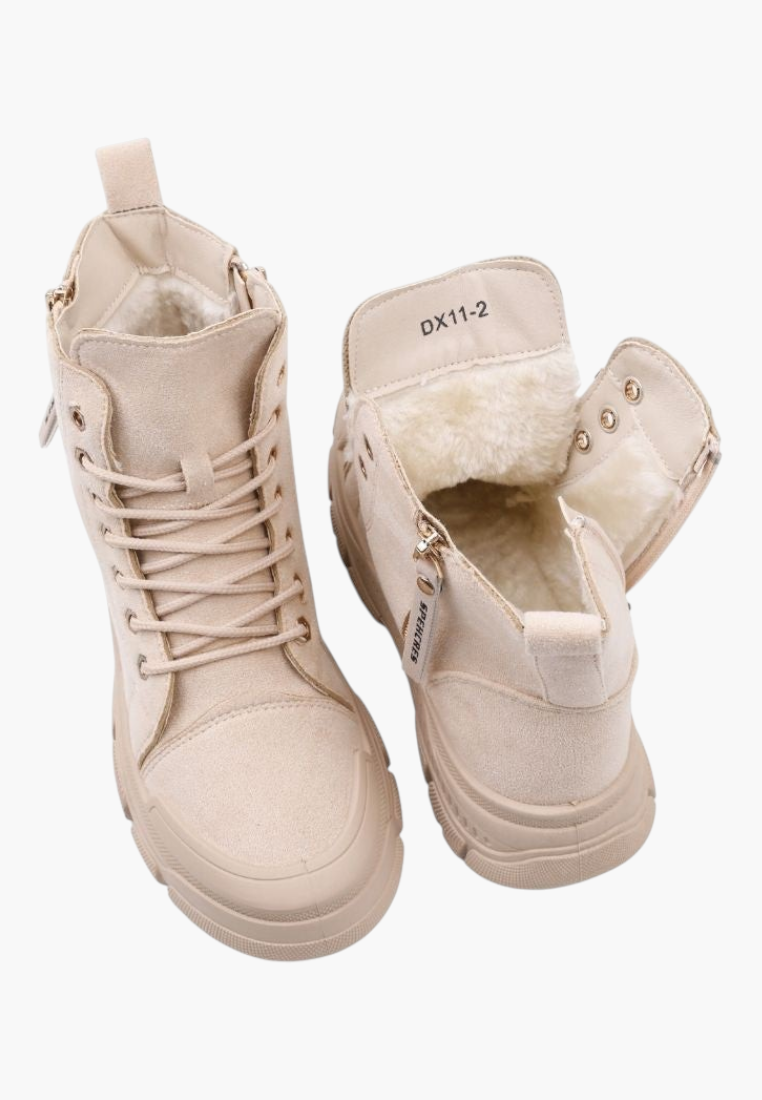 Falio beige faux suede ankle boots with thick lug soles, lace-up front, side zippers, and warm faux fur lining.