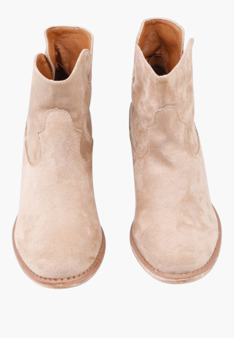 Falio beige faux suede ankle boots with a hidden wedge heel and western-inspired design, lightly insulated.