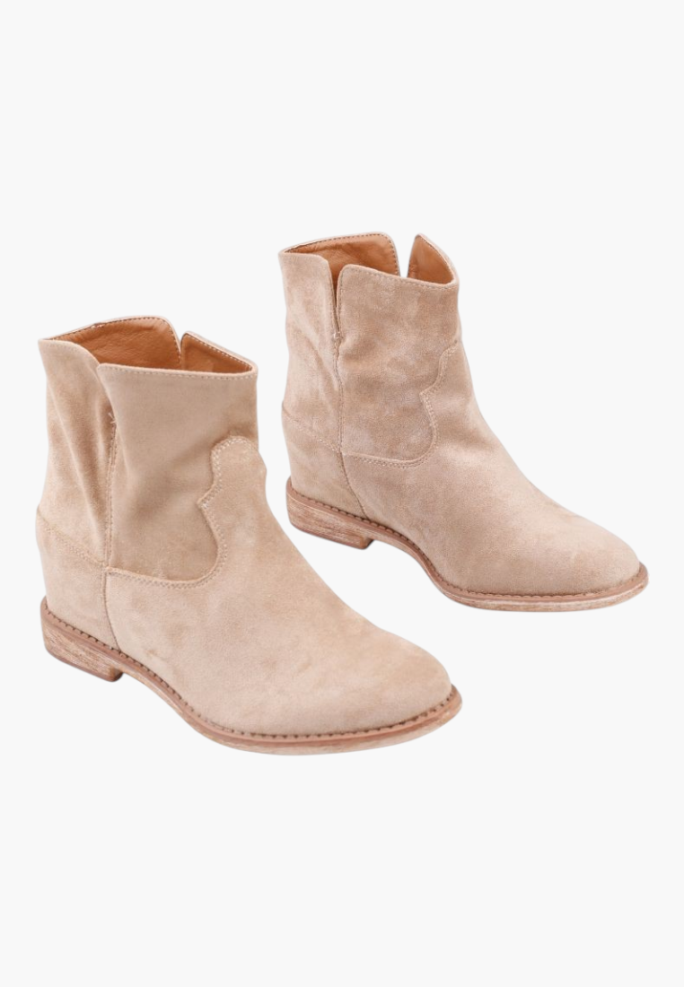 Falio beige faux suede ankle boots with a hidden wedge heel and western-inspired design