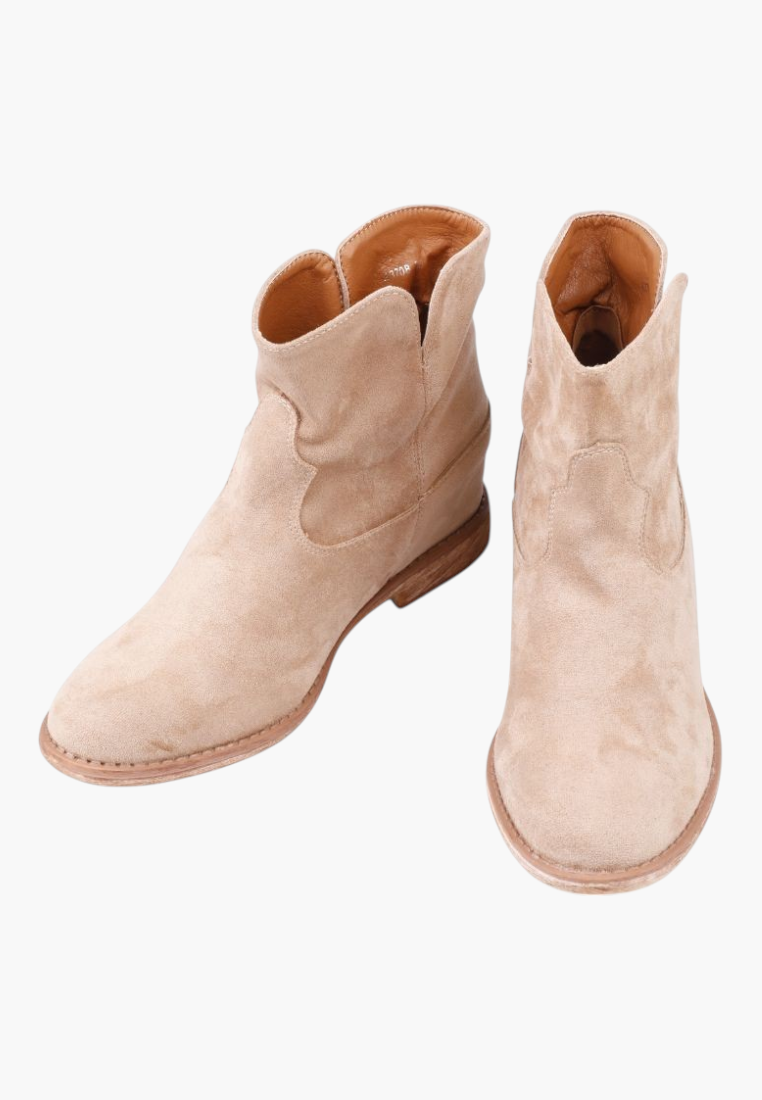 Falio beige faux suede ankle boots with hidden wedge heel and western-inspired design, lightly insulated.