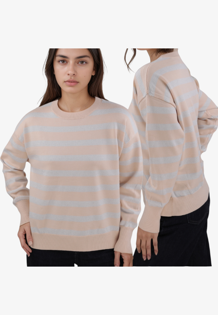 Falio beige and grey striped pullover sweater with a round neckline and long sleeves worn by a model