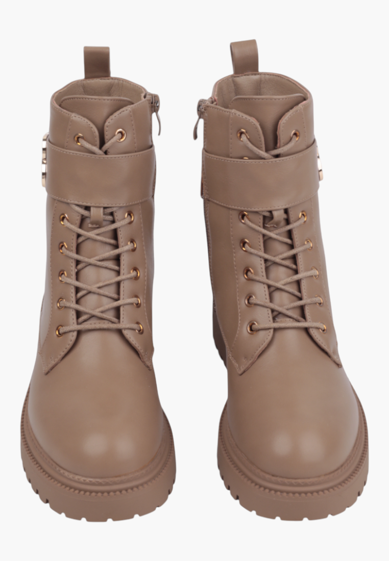 Falio beige lace-up ankle boots with a chunky lug sole and side buckle detail for autumn and winter