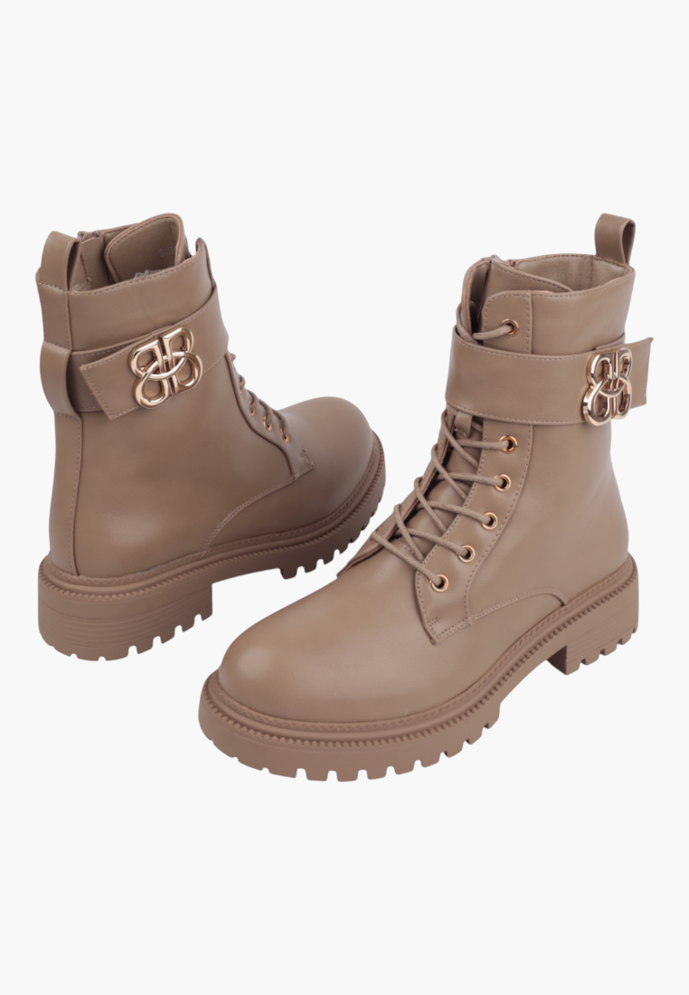 Falio beige lace-up ankle boots with a chunky lug sole and decorative gold buckle detail for autumn and winter.