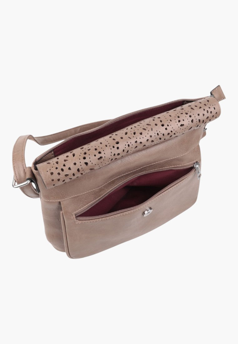 Falio beige leather crossbody bag with a laser-cut perforated flap and a front zippered pocket