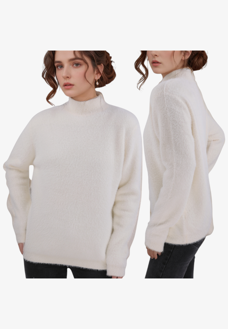 Falio beige mock neck sweater in a soft wool and cashmere blend, worn by a model in front and side views.