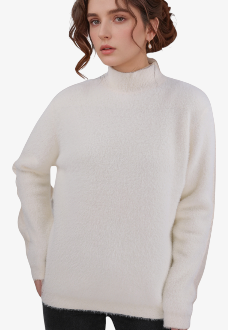 Falio beige mock neck sweater made of wool and cashmere blend worn by a woman with an elegant minimalist design