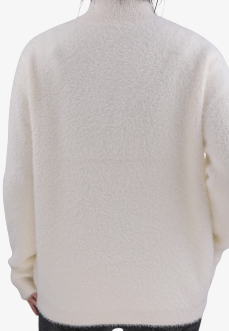 Falio beige mock neck sweater made from a soft wool and cashmere blend, shown from the back.