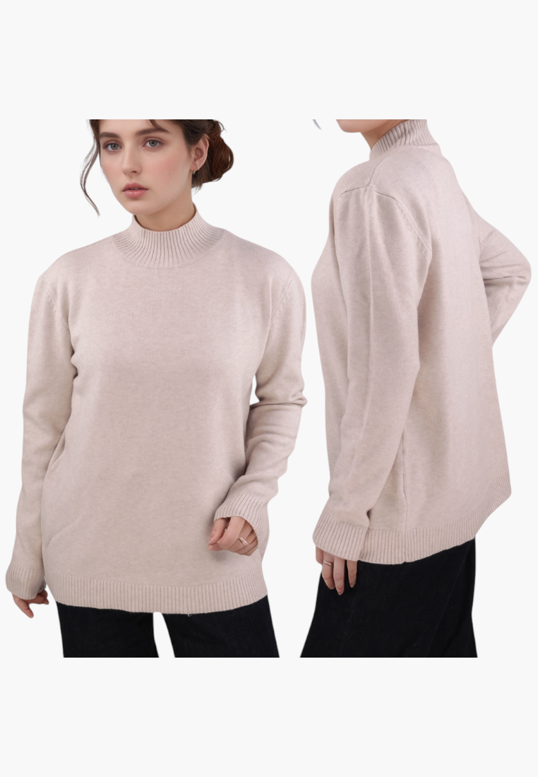 Falio plus size beige mock neck sweater in soft viscose blend with long sleeves, shown from front and side views.