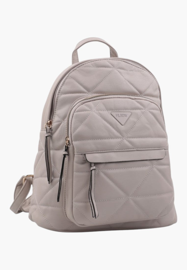 Falio beige quilted faux leather urban backpack with zippered compartments and a stylish triangular brand logo patch.